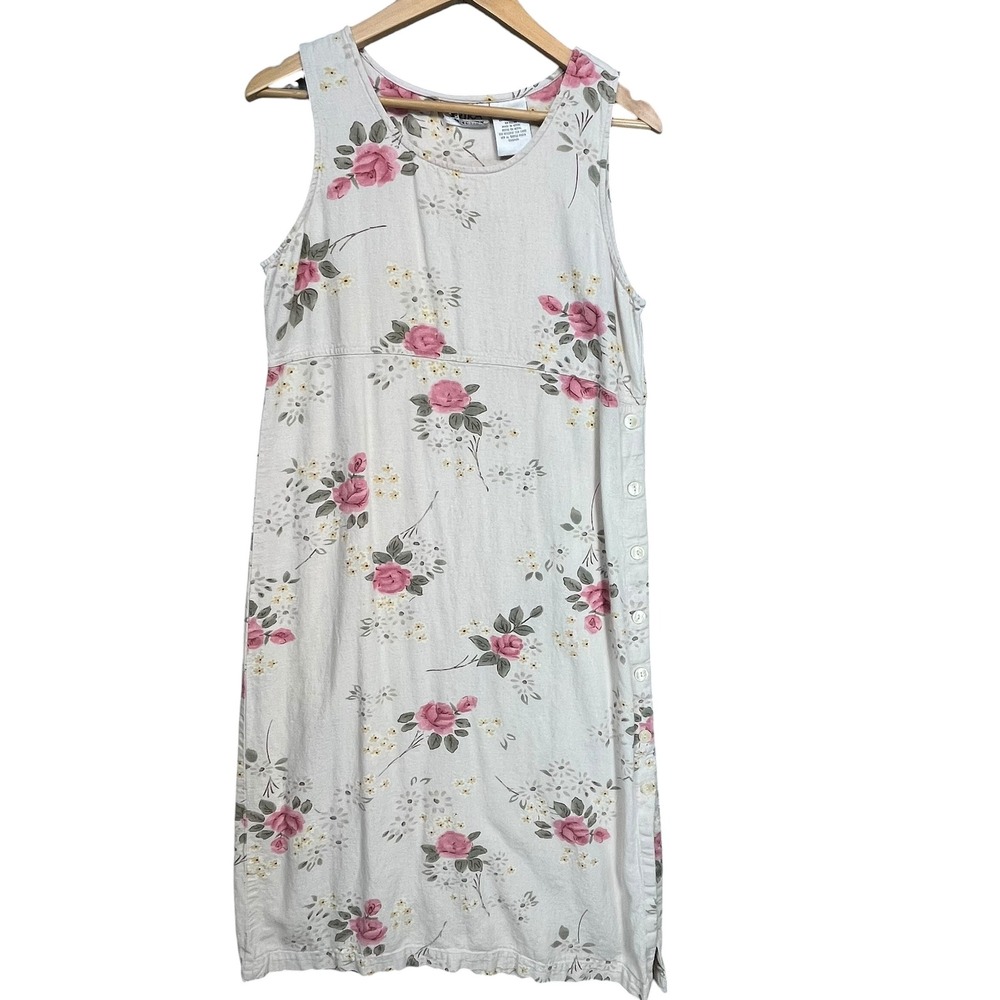 Erika Collection Women Cream Pink Rose Floral‎ Linen Blend Side Button  Dress M